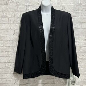 R&M Richards Womens 14‎ Petite Open Front Evening Jacket Black Beaded Trim